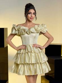 SHEIN Belle Elegant Sexy Romantic Golden Shiny Organza Off Shoulder Three-Dimensional Pleats Cake Dress For Date, Birthday Party, Wedding Event, Bachelor Party, Prom Dress, Wedding Guest Dress