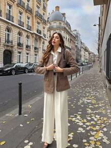 Chiquease 法式宽松格子西装外套，翻领仿口袋长袖女式西装外套，适合秋冬季