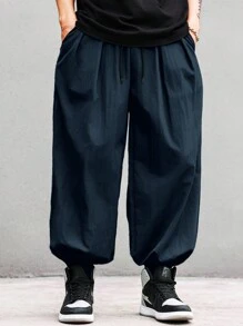 Manfinity Hypemode Men's Solid Color Drawstring Waist Pocket Pleated Loose Jogger Pants, Fall - Navy Blue - View 4