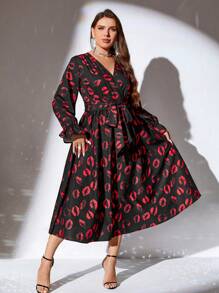 SHEIN Clasi Plus Size Lips Print V Neck Long Sleeve Dress, For Spring, Valentine's Day - Red - View 1