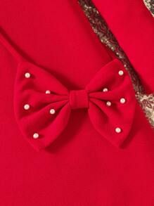 青少年女孩优雅珍珠泡泡袖 A 字裙配蝴蝶结包包装饰，秋冬装，适合圣诞节 - 酒紅色 - 查看 4