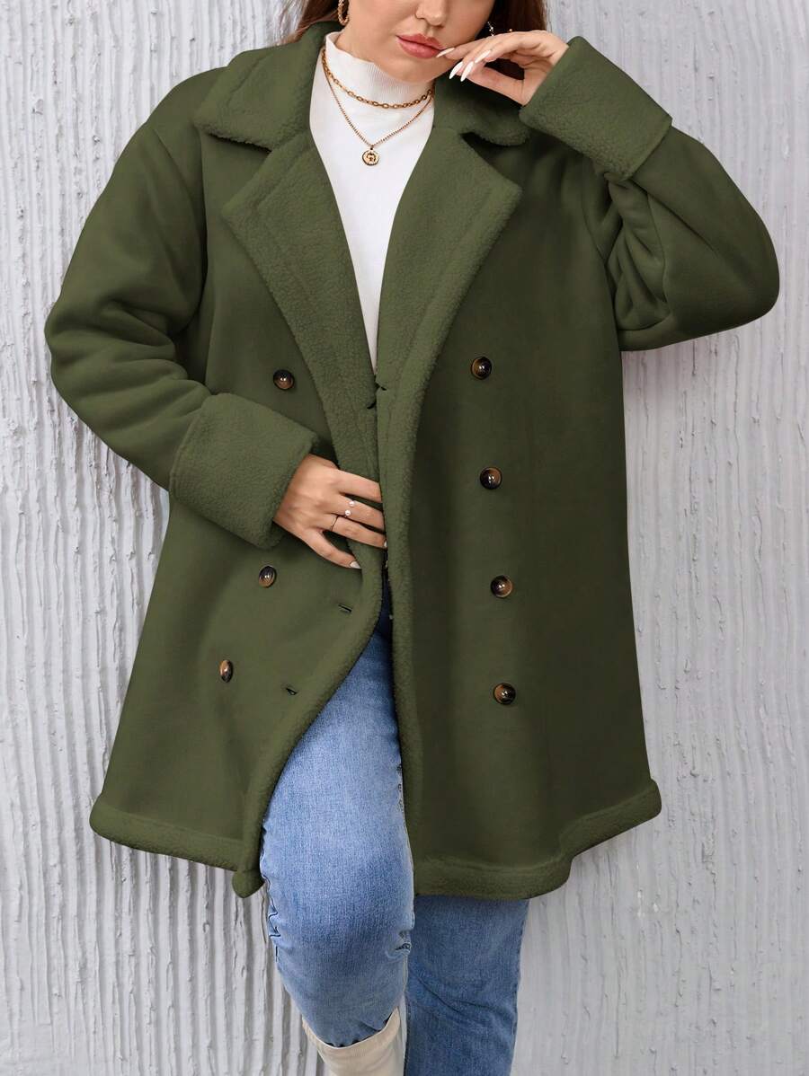 SHEIN Essnce 大码女式纯色翻领双排扣长袖休闲夹克,秋冬 - 綠色 - 查看 1