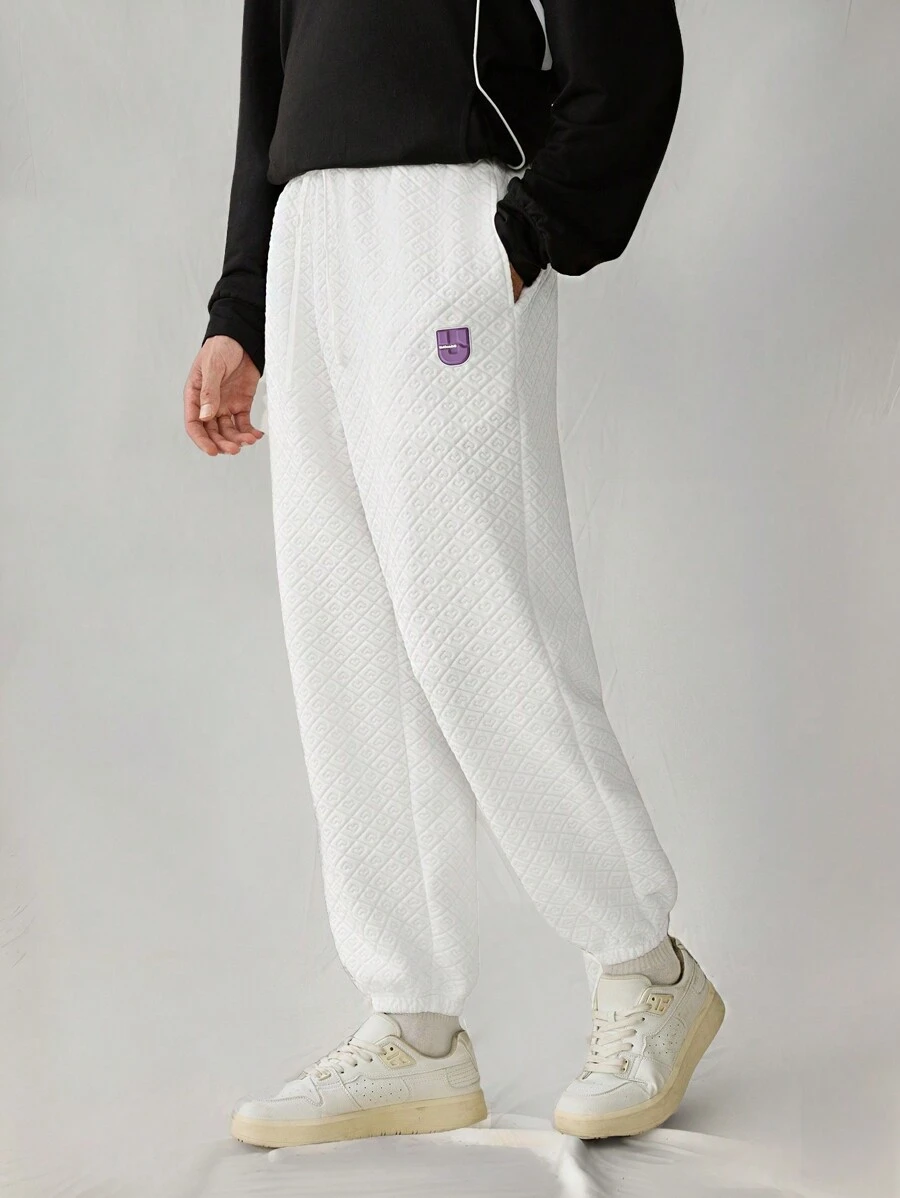 Manfinity VCAY Men Casual Knit Loose Fit Patched Elastic Waist Straight Leg Track Pants - White - View 1