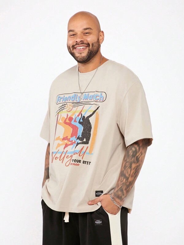 Manfinity NXTstreet Plus Size Men's Loose Knit Basketball Print Short Sleeve Crew Neck Street Fashion T-Shirt