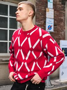 Manfinity Hypemode Suéter de cuello redondo de manga larga con bloqueo de color y patrón de diamantes, de punto, para hombre - Uso casual para otoño/invierno, salir con amigos