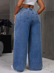 SHEIN SXY Plus Size Women Non-Stretch Blue Denim Straight Leg Jeans With Patchwork Design
