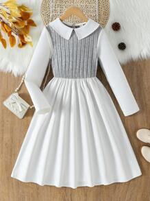 Tween Girls Children Long Sleeve Shirt Collar Splicing Dress, Autumn/Winter - Multicolor - View 1
