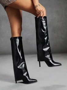 CUCCOO SZL Fashionable Black Skinny Leg Boots, Pointed Toe High Shaft Stiletto Heel Over-The-Knee Boots, Sexy Diva Women's Riding Boots For Christmas - Black - View 6