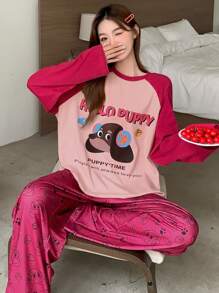 DAZY Cute Cartoon Puppy Print Color Blocking Raglan Sleeve Loose Pajama Set