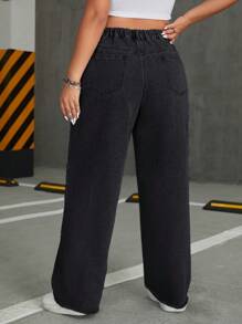 SHEIN ICON Plus Size Women's Fashionable Simple Solid Color Straight-Leg Jeans - Black - View 2