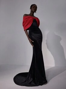 Elitara 女士优雅浪漫露肩超大蝴蝶结拼接喇叭袖黑色天鹅绒美人鱼礼服搭配戏剧性拖尾，适合派对、约会、晚会、婚礼宾客礼服 - 彩色 - 查看 6