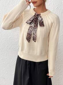 SHEIN Unity Leopard Print Ribbon Bow Pullover Sweater, Minimalist And Fashionable Casual Everyday Knit Pullover Fall Winter - Beige - View 6