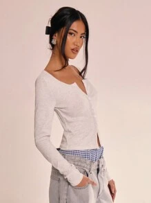 MUSERA 纽扣圆领长袖上衣，休闲度假机场出行可爱返校冬季派对，优雅春夏皆宜 - 灰色 - 查看 2