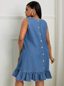 SHEIN SXY Váy denim rách thường ngày cỡ lớn có viền xếp nếp, không tay - Rửa nhẹ - Xem 5