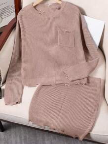 Teen Girls Knit Sweater Set, All-Match Style Top And Frayed Hem Skirt, Khaki Color, Fashion And Versatile, Autumn/Winter New Arrival - Khaki - View 1