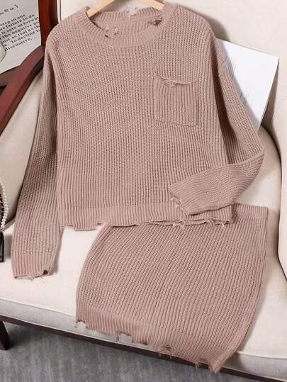 Teen Girls Knit Sweater Set, All-Match Style Top And Frayed Hem Skirt, Khaki Color, Fashion And Versatile, Autumn/Winter New Arrival