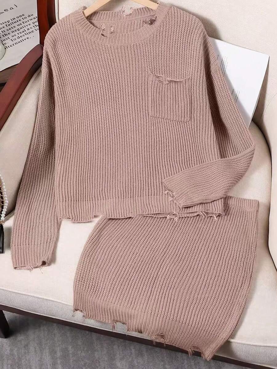 Teen Girls Knit Sweater Set, All-Match Style Top And Frayed Hem Skirt, Khaki Color, Fashion And Versatile, Autumn/Winter New Arrival - Khaki - View 1