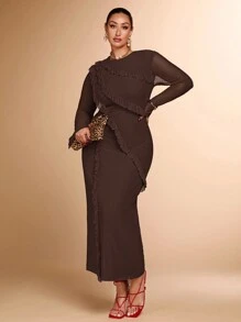 SHEIN BAE 大码女式秋季圆领长袖网眼修身连衣裙，适合鸡尾酒会、浪漫约会、正式派对、婚礼、伴娘礼服、晚宴礼服、万圣节礼服、圣诞节礼服 - 咖啡棕 - 查看 4