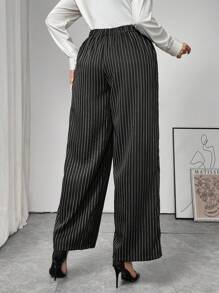 SHEIN Frenchy Pantaloni casual larghi con vita a fascia e righe, taglia comoda per donne in taglie forti - Multicolore - Visualizzare 4