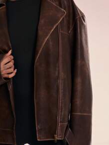 MUSERA Distressed Faux Leather Biker Jacket - Brown - View 4