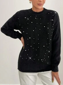 EURMUSE Women Hairy Yarn Solid Color Rhinestone Detailed Round Neck Pullover - Black - View 5