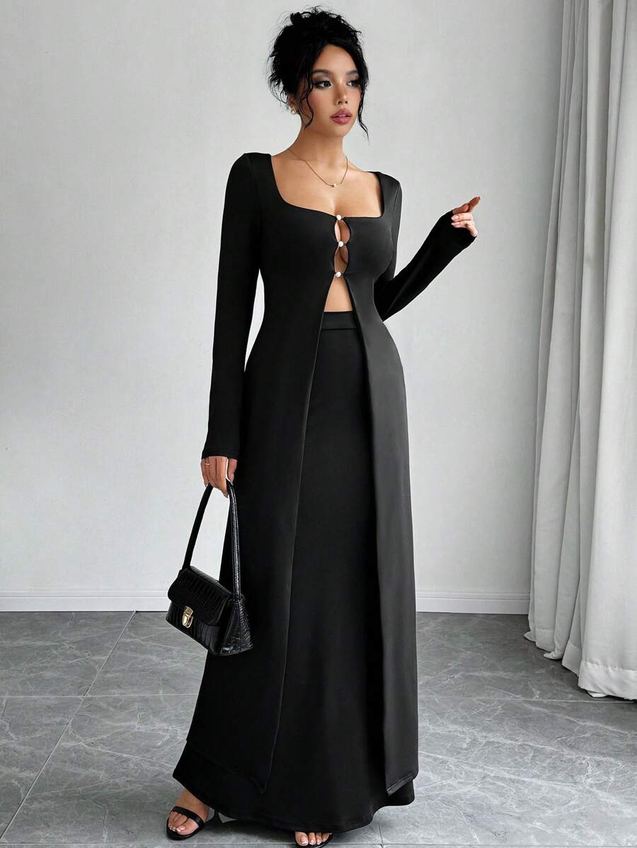 Chiquease 女士秋季纯色方领长袖镂空长上衣和长裙套装，时尚两件套服装