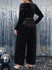 SHEIN Clasi Plus Size Long Sleeve Elegant Solid Color Tie-Waist Minimalist Fashion Jumpsuit - Black - View 2