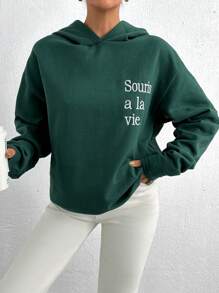 RueChic 100% 纯棉纯色休闲字母刺绣落肩连帽衫，带羊毛衬里