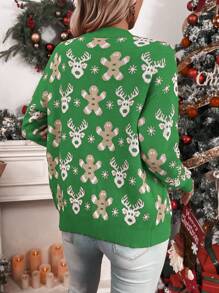 Chiquease Red Reindeer & Snowman Pattern Button Up Cardigan, Casual & Fashionable For Daily Wear - Green - View 2