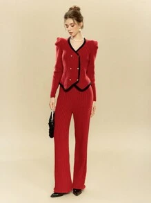 SHEIN Unity Vintage Women Winter Outfit 2pcs Set: Red Knitted Sweater & Pants For New Year Clothes - Red - View 4