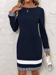 SHEIN Clasi Vestido de Trabalho Elegante de Manga Longa Feminino, Outono/Inverno - Azul Marinho - Visão 5