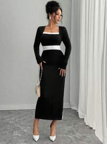Chiquease Vestido de suéter casual de estilo básico con color de colisión para mujer - Blanco y Negro - Ver 4