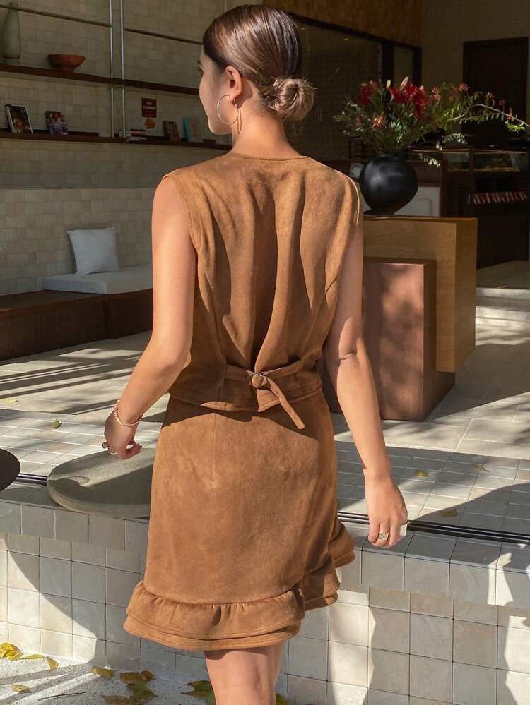 2 Pieces Set: Solid Faux Suede Sleeveless V-Neck Skirt With Ruffle Hem, For Women,Fall Clothes