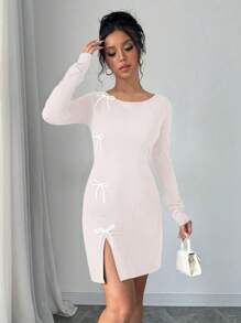Elenzga Women Casual Bow Decor Round Neck Long Sleeve Short Dress