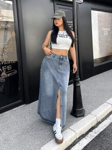 SHEIN ICON Váy denim chữ A xẻ tà thường ngày cỡ lớn - Màu xanh lam - Xem 4