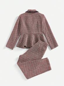 SHEIN Clasi Plaid Lace Trim Waist Jacket And Pants Suit - Red - View 2