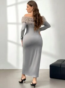 SHEIN Privé 大码优雅浪漫灰色露肩长袖紧身针织连衣裙，适合舞会、聚会、约会、生日、正式场合 - 灰色 - 查看 3