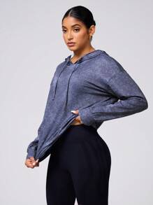 Core Rhythm Solid Color Hooded Sports Long Sleeve Sweatshirt, Minimalist Fashion Casual Daily Wear - Blue - View 5