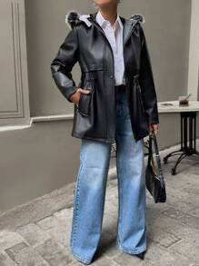 EURMUSE WAIST TIED-UP FUR INSIDE & HOODED ZIPPER POCKET PU LEATHER COAT - Black - View 1