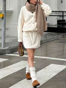 Jouncy Women V-Neck Long Sleeve Button-Up Sweatshirt & Elastic Waist Bodycon Skirt Set, Warm Thermal Lined For Winter - Apricot - View 6