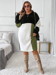 SHEIN Clasi Plus Size Women's Elegant Color Block Spliced Round Neck Long Sleeve Drop Shoulder Autumn Winter Warm Sweater Dressbusiness Casual Woman,Work Wear,Fall Wedding Guest Dress,