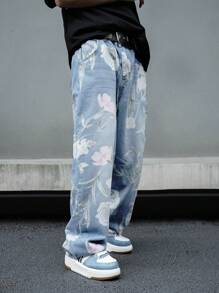 Manfinity Hypemode Men's Casual Floral Print Straight-Leg Jeans - Multicolor - View 3