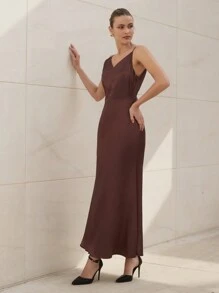 RueChic Vestido maxi de satén con cuello en V para mujer, elegante para fiesta de noche