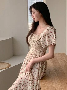 DAZY 女士花卉方领荷叶边及膝连衣裙，挤奶女工风格吊带裙，度假装扮，复活节波西米亚风 - 彩色 - 查看 6