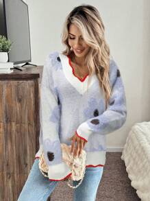 SHEIN LUNE Suéter Feminino Colorido com Manga Longa de Ombro Caído e Decote em V com Flor 3D, Casual para Outono, Inverno e Ano Novo