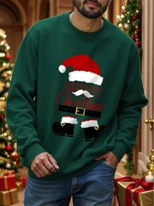 Manfinity Homme 1pc Men Plus Size Christmas Hat & Letter Print Christmas Crew Neck Sweatshirt, Casual For Daily Wear, Autumn/Winter Party Crew Neck Graphic Long Sleeve Forest Green Sweatshirt, For Friends, Husband, Boyfriend Gifts