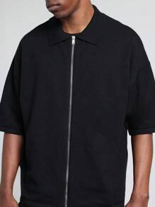SUMWON Premium Zip Front Knit Polo Shirt Streetwear Half Sleeve Casual Athletic Sports Summer Lightweight Breathable Urban Modern Collared T-Shirt