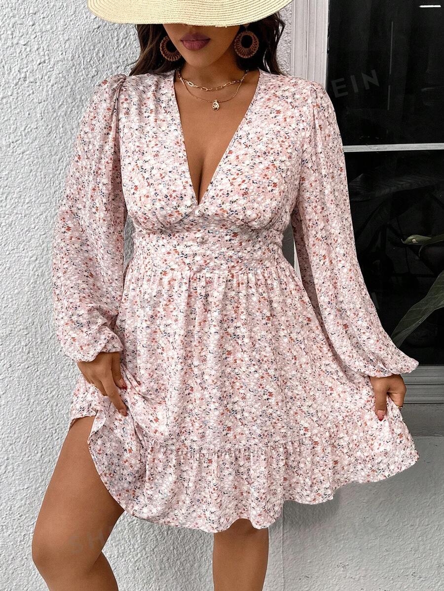 SHEIN VCAY Vestido corto de manga larga con diseño de cuello en V profundo y flores pequeñas, para vacaciones y romántico. Vestidos para mujeres, Día de San Valentín - Albaricoque - Ver 1