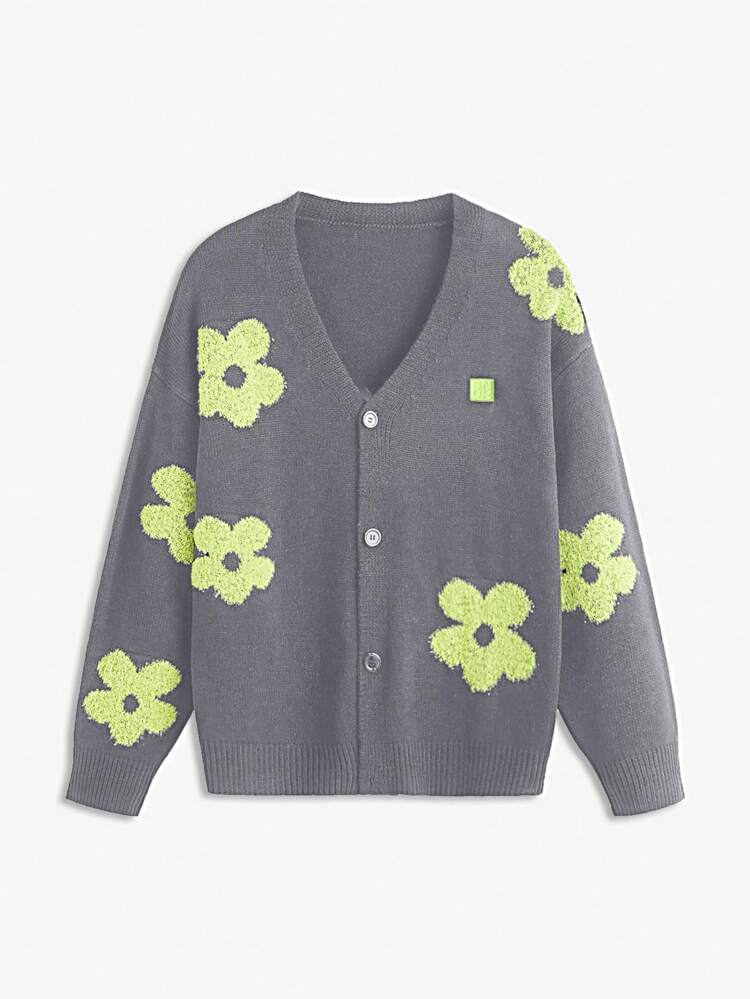 Men's Floral Print Loose Dropped Shoulder Casual Crew Neck Sweater, For Fall Winter