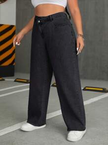 SHEIN ICON Plus Size Women's Fashionable Simple Solid Color Straight-Leg Jeans - Black - View 4